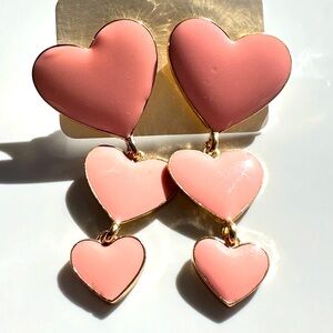 Pastel pink enameled, three heart pierced earrings, long dangles 2 inches.